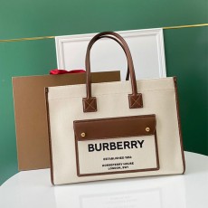 버버리 BURBERRY 라지 투톤 캔버스 레더 프레야 토트백 BB0794
